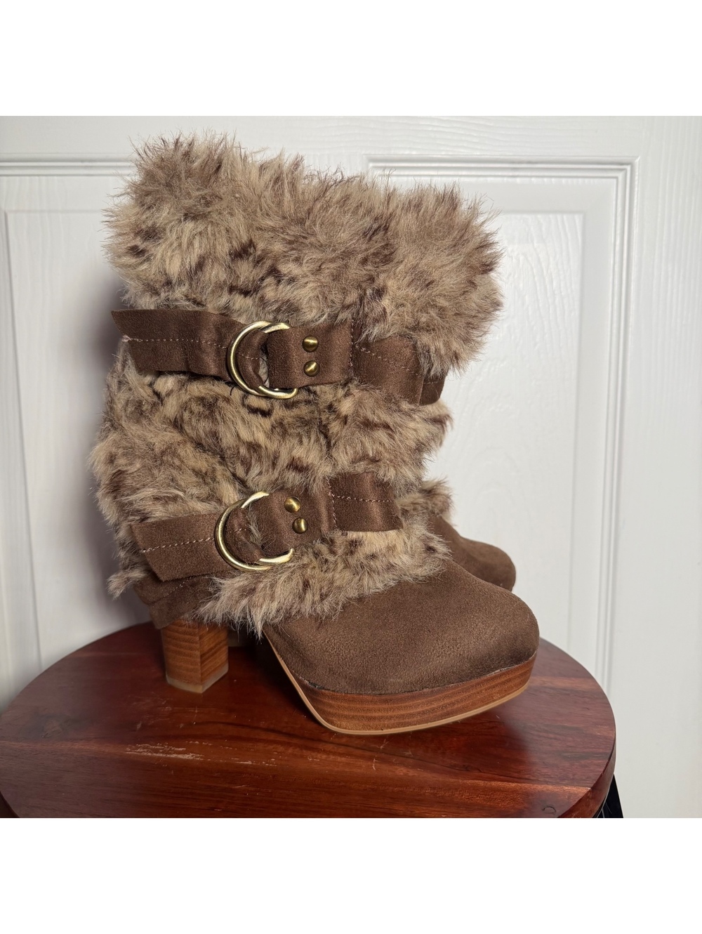 Naughty Monkey Faux Fur Platform Chunky Heeled Boots Brown Double Buckle Y2K